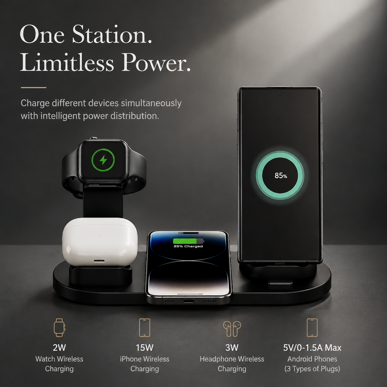 Premium 7-in-1 Wireless Charging Station Fast Qi Charger Dock USB Type C Multi Device Charging Smart Charging Stand Compatible with iPhone