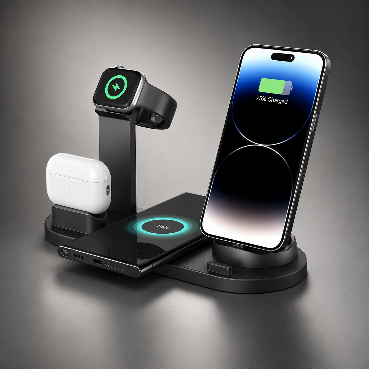 Premium 7-in-1 Wireless Charging Station Fast Qi Charger Dock USB Type C Multi Device Charging Smart Charging Stand Compatible with iPhone