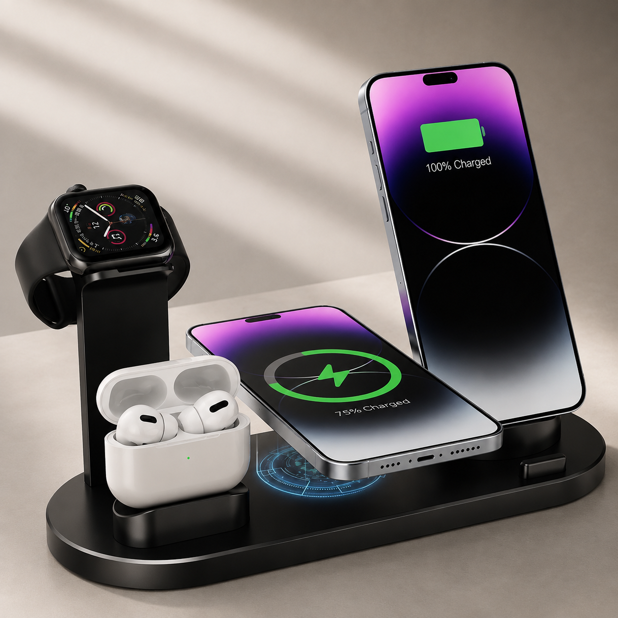 Premium 7-in-1 Wireless Charging Station Fast Qi Charger Dock USB Type C Multi Device Charging Smart Charging Stand Compatible with iPhone