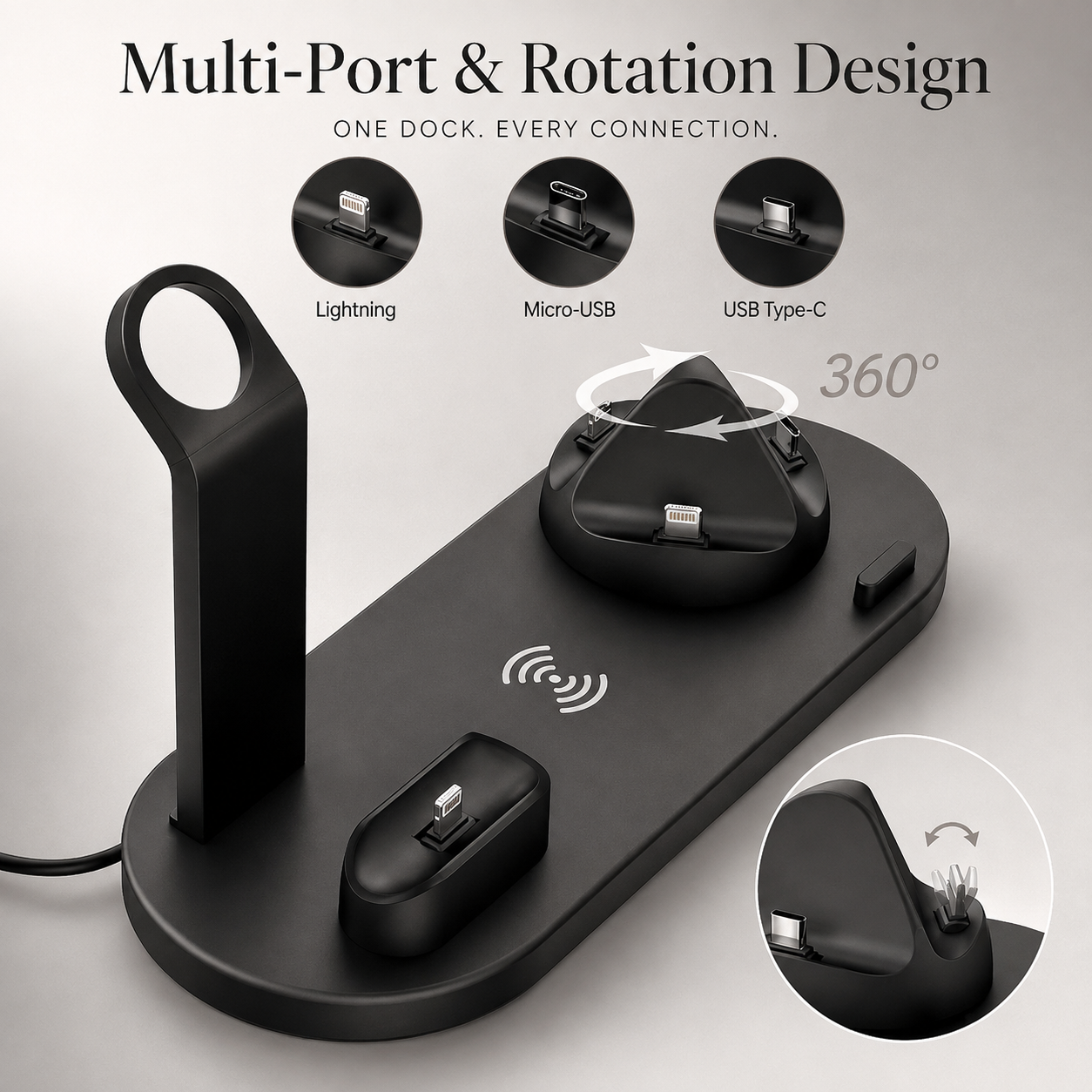 Premium 7-in-1 Wireless Charging Station Fast Qi Charger Dock USB Type C Multi Device Charging Smart Charging Stand Compatible with iPhone