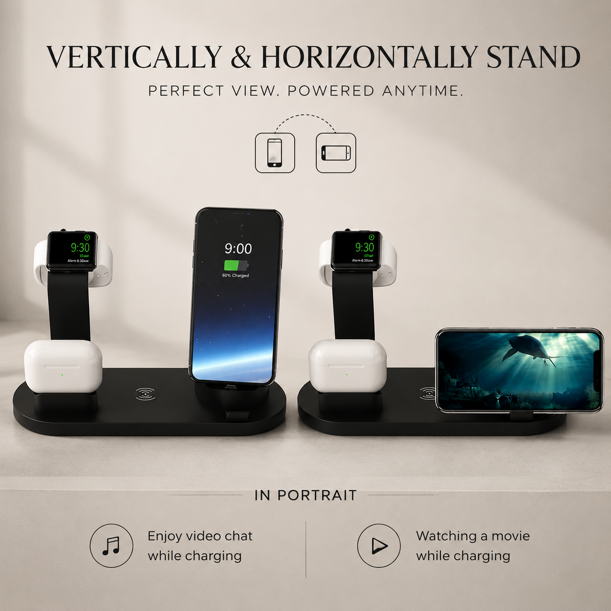 Premium 7-in-1 Wireless Charging Station Fast Qi Charger Dock USB Type C Multi Device Charging Smart Charging Stand Compatible with iPhone