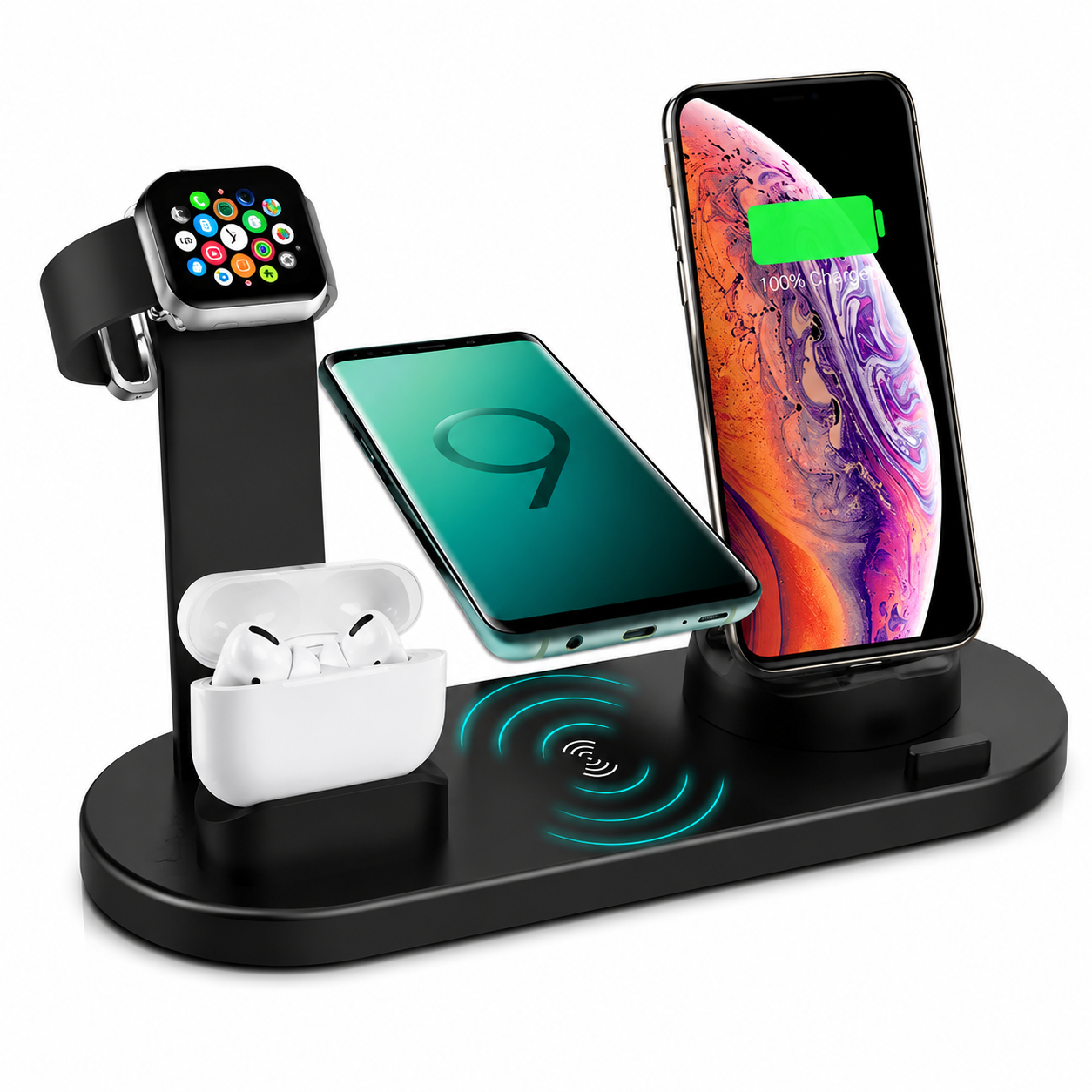 Premium 7-in-1 Wireless Charging Station Fast Qi Charger Dock USB Type C Multi Device Charging Smart Charging Stand Compatible with iPhone