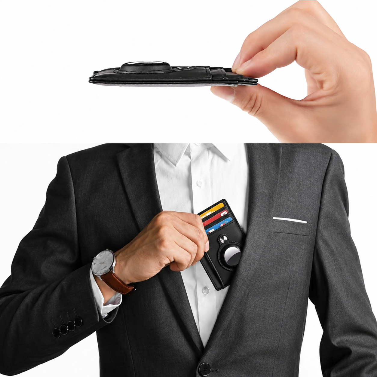 Premium AirTag Wallet Leather Card Holder RFID Blocking Anti Lost Slim Wallet Scratch Resistant Cash Coin Holder Compatible with iPhone
