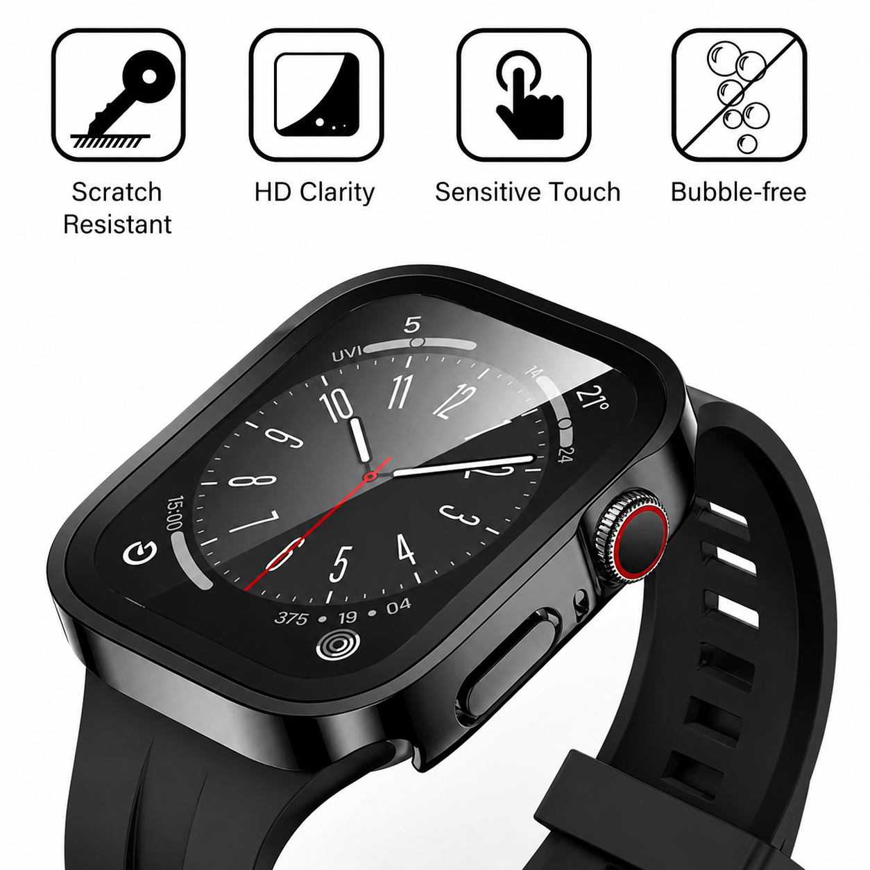 Premium Apple Watch Tempered Glass Case Full Coverage Screen Protector Shock Resistant Protective Cover Scratch Resistant Straight Edge Compatible with Apple Watch