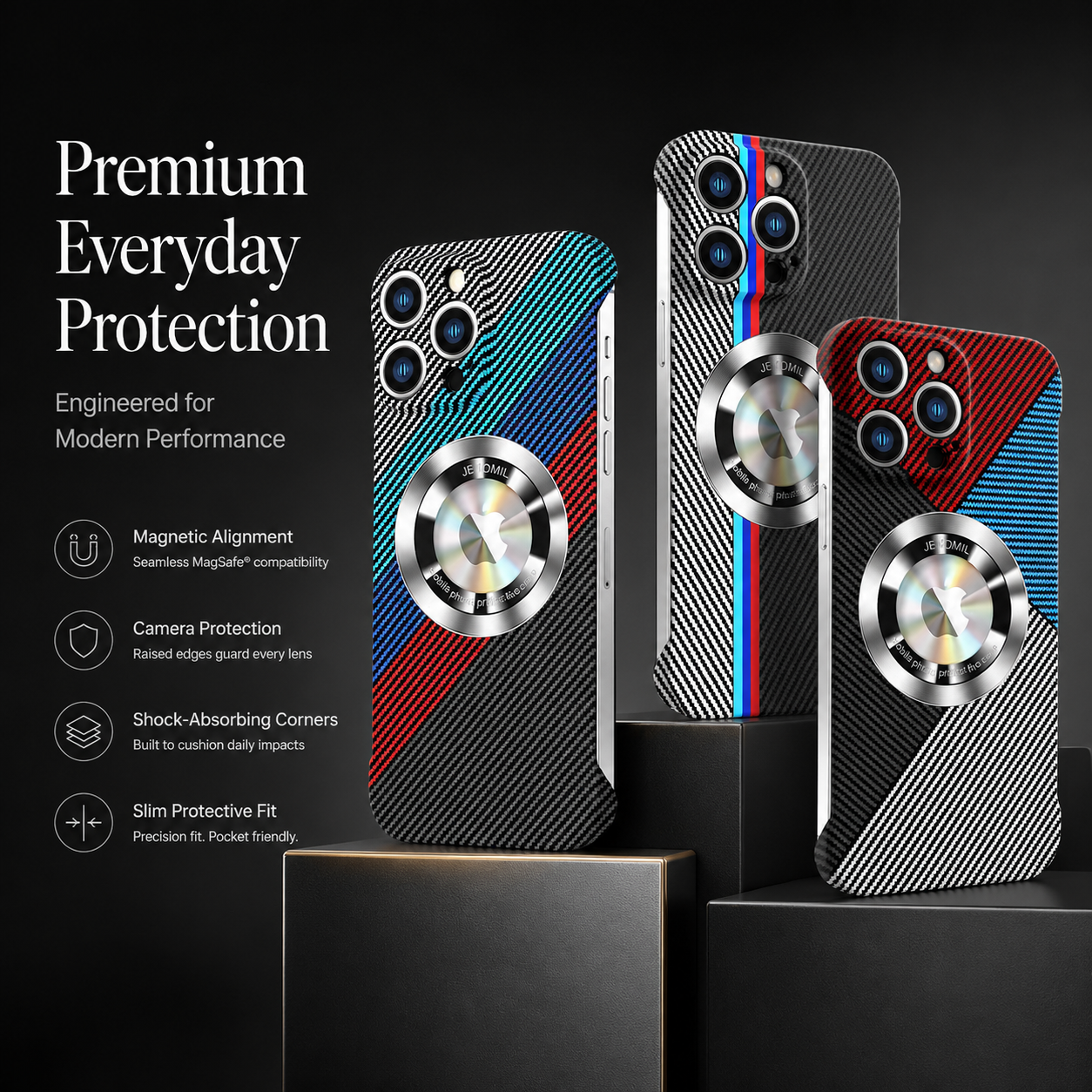 Premium Carbon Fiber MagSafe iPhone Case Frameless Magnetic Cover Magnifying Glass Design Slim Lightweight Shockproof Protective Cover