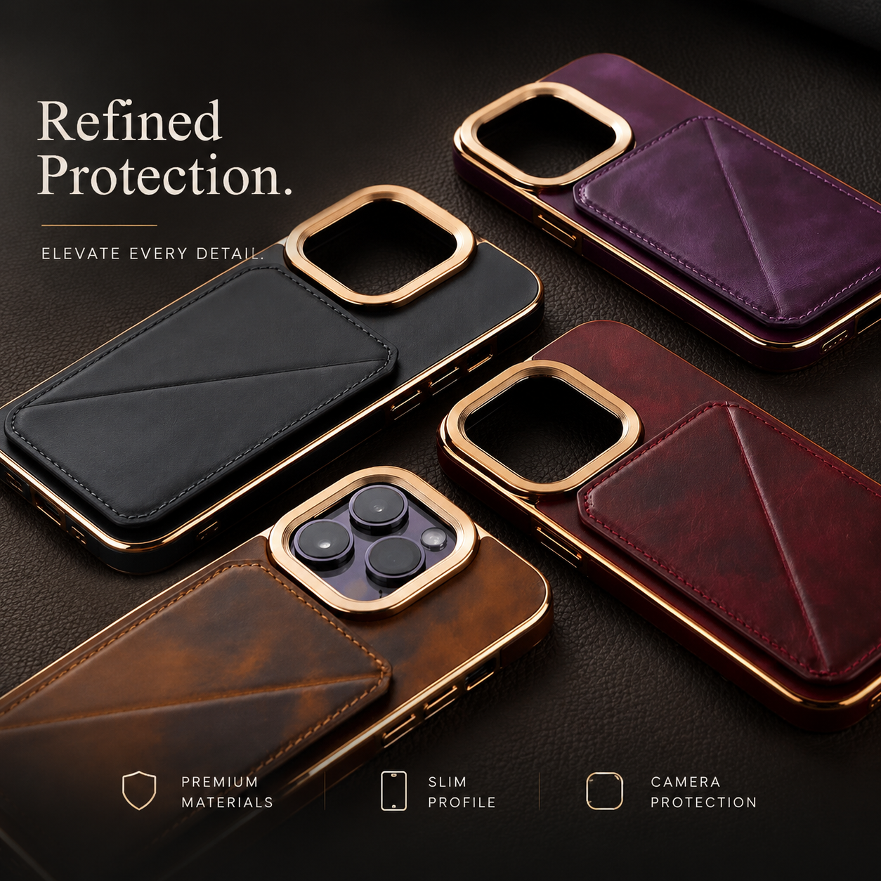 Premium Cowhide Leather iPhone Case Wallet Cover Magnetic Card Holder Plating Shell Shockproof Protective Case Full Coverage Luxury Design