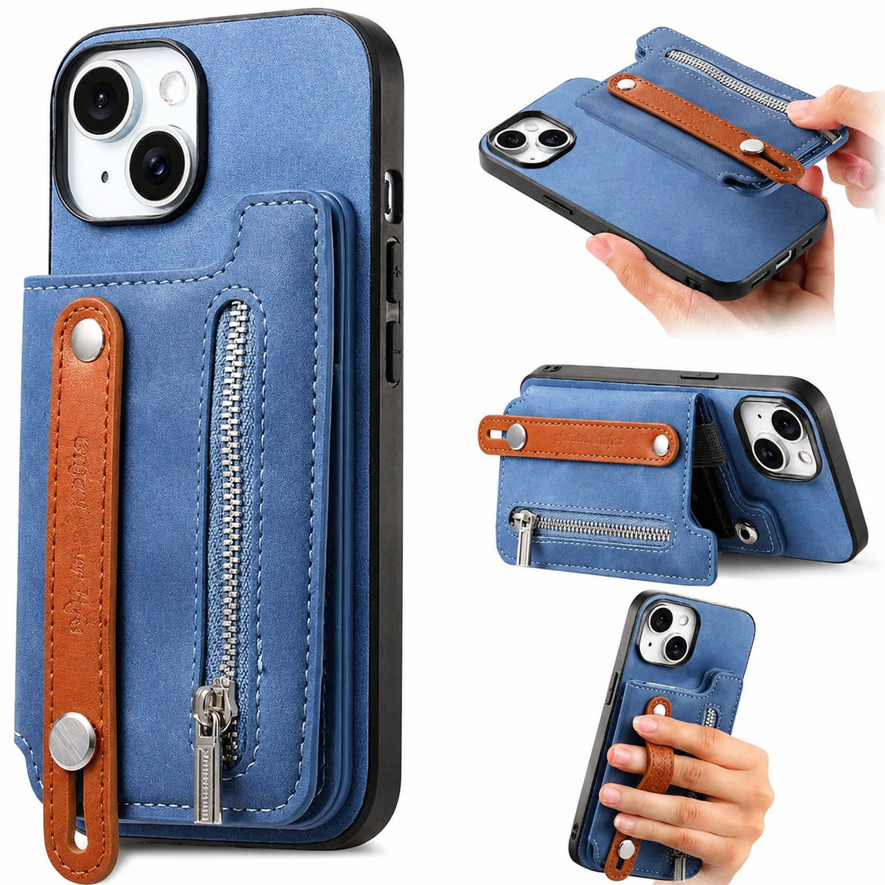 Premium Detachable Zipper Wallet iPhone Case Magnetic Flip Cover Card Holder Wrist Strap Shockproof Protective Case Full Coverage Design