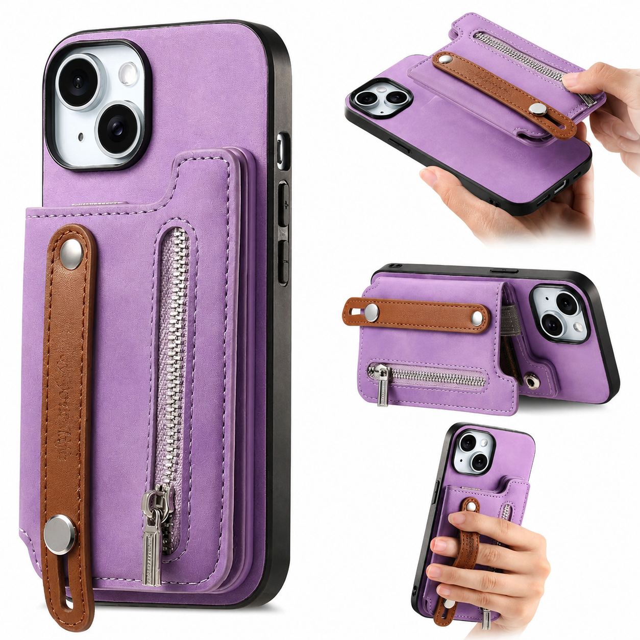 Premium Detachable Zipper Wallet iPhone Case Magnetic Flip Cover Card Holder Wrist Strap Shockproof Protective Case Full Coverage Design