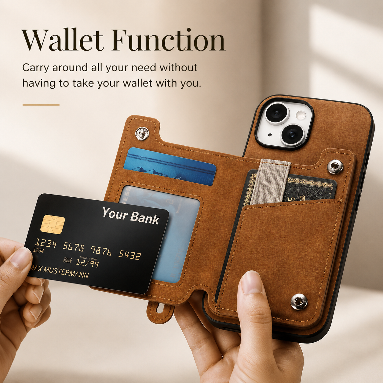 Premium Detachable Zipper Wallet iPhone Case Magnetic Flip Cover Card Holder Wrist Strap Shockproof Protective Case Full Coverage Design