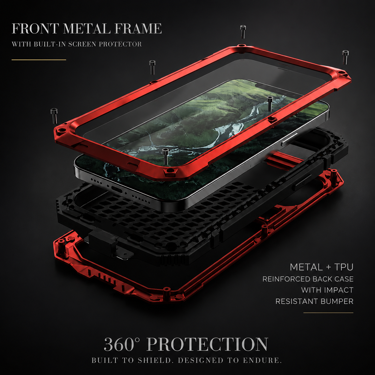 Premium Durable iPhone Case Heavy Duty Aluminum Metal Armor Cover Tempered Glass Screen IP54 Water Resistant Shockproof Full Body Protective Design