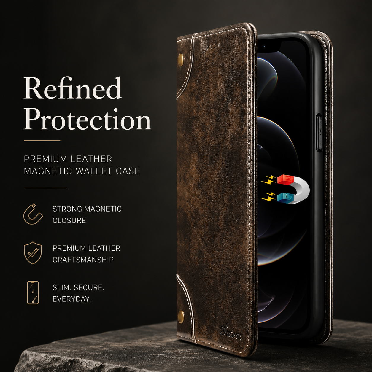 Premium Genuine Leather iPhone Case Wallet Flip Cover Card Holder Magnetic Closure Stand Function Shockproof Protective Full Coverage Design