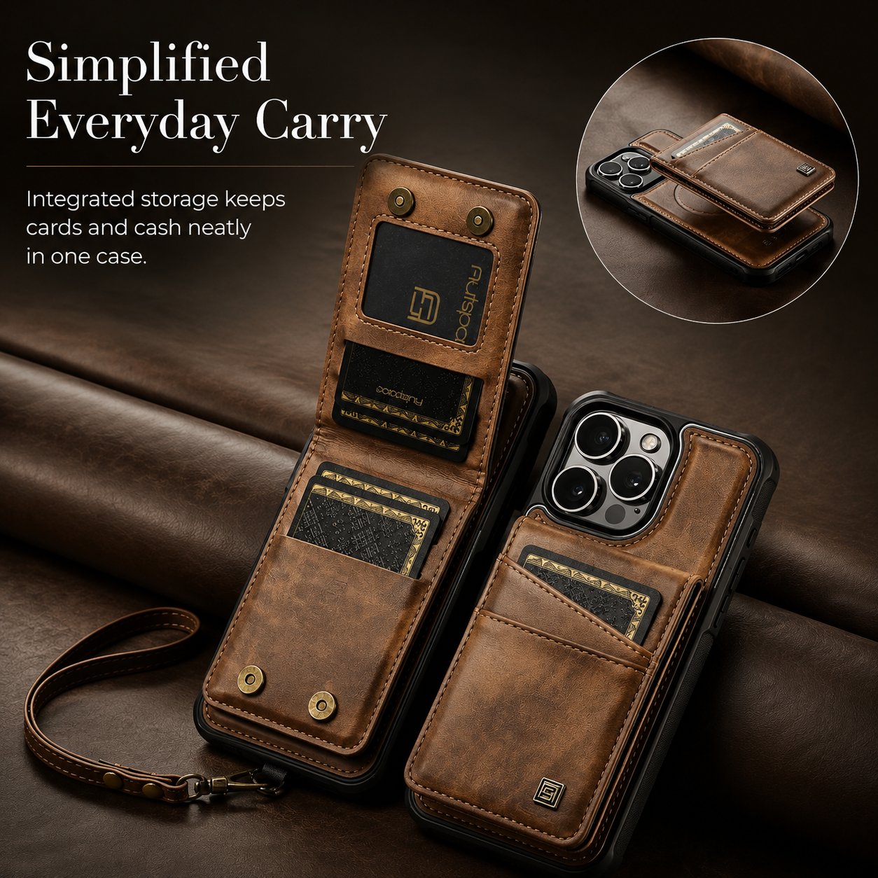 Premium Luxury iPhone Case 2-in-1 Detachable Magnetic Wallet Cover PU Leather Card Holder Cash Pocket Wrist Strap Shockproof Full Protection Slim Design Finish