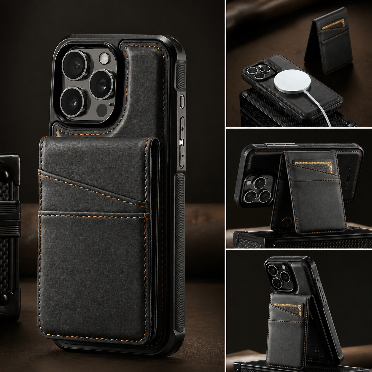 Premium Luxury iPhone Case 2-in-1 Detachable Magnetic Wallet Cover PU Leather Card Holder Cash Pocket Wrist Strap Shockproof Full Protection Slim Design Finish