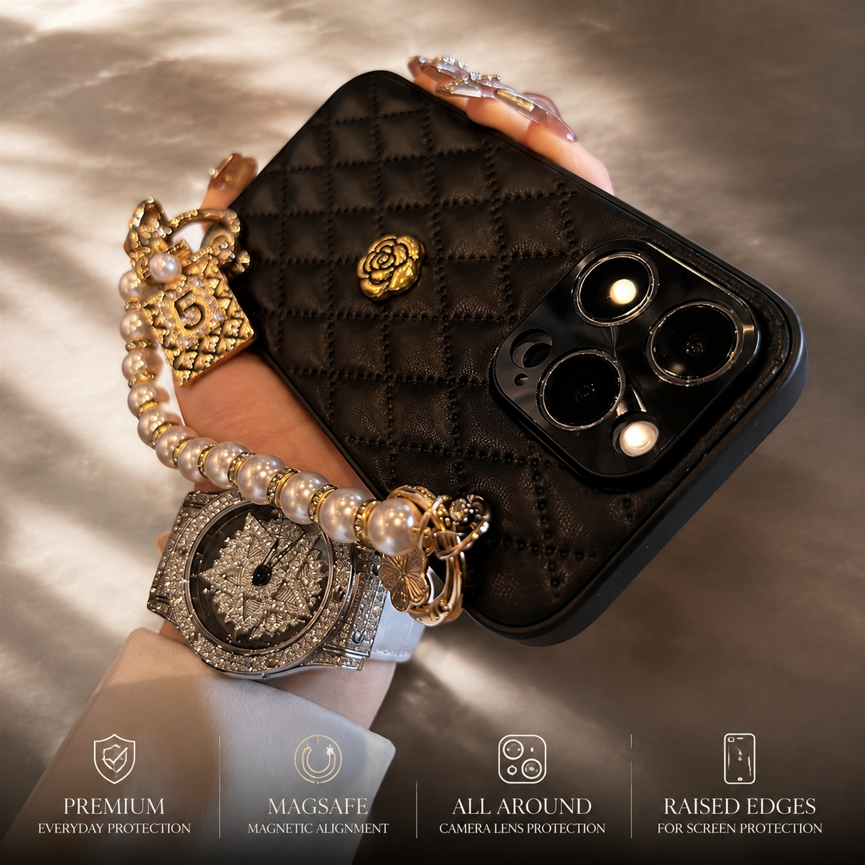 Premium Luxury iPhone Case 3D Camellia Floral Cover Chain Strap Shockproof Protective Design Slim Lightweight Elegant Finish Style Fashion Collection