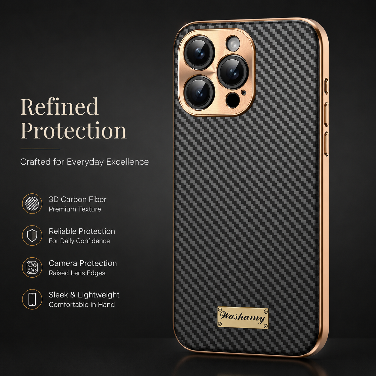 Premium Luxury iPhone Case Carbon Fiber Textured Leather Cover Alloy Metal Lens Guard Shockproof Slim Fit Wireless Charging Compatible Durable Design Finish