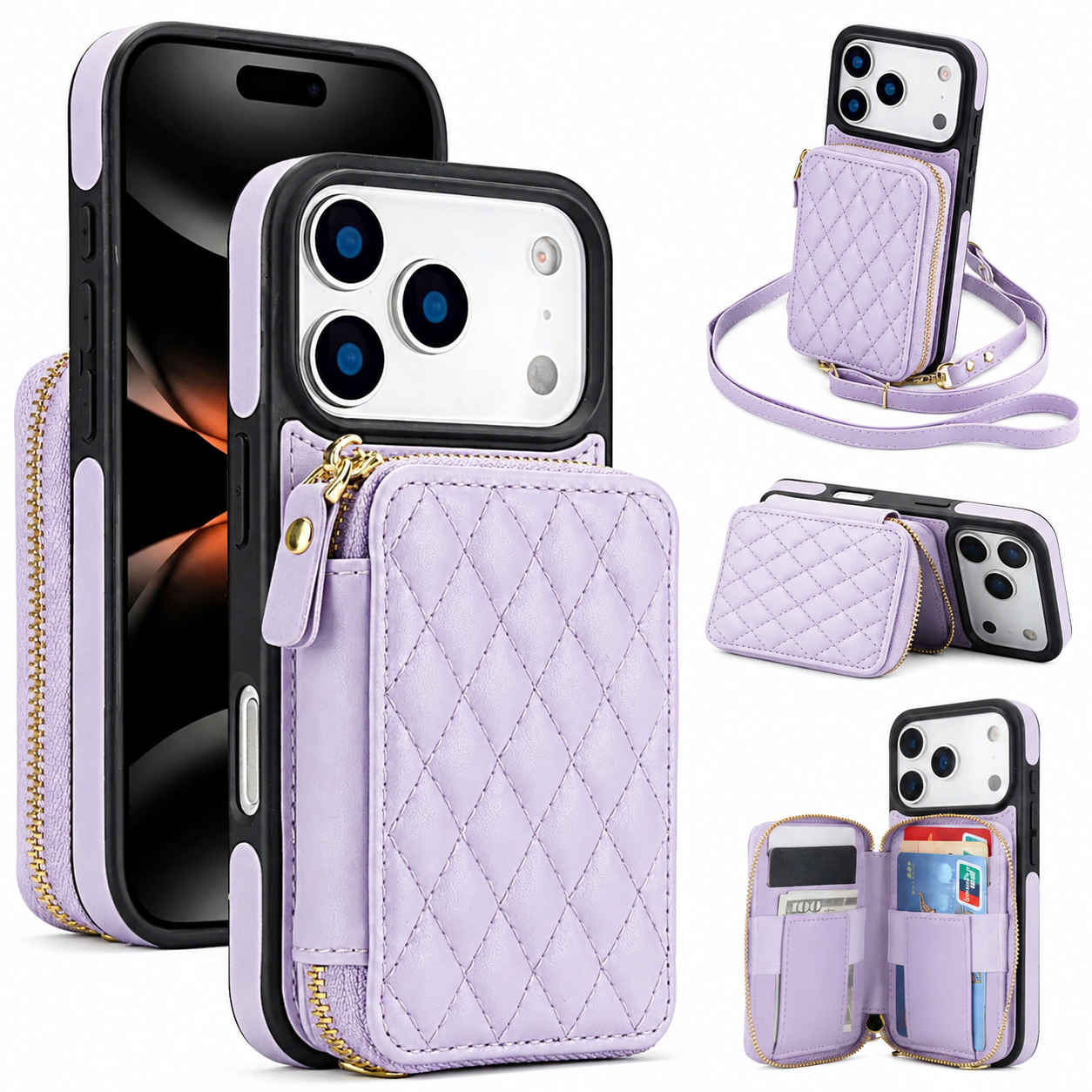 Premium Luxury iPhone Case Crossbody RFID Blocking Folio Wallet Cover Zipper Handbag Card Holder Kickstand Wrist Strap Lanyard Protective Design