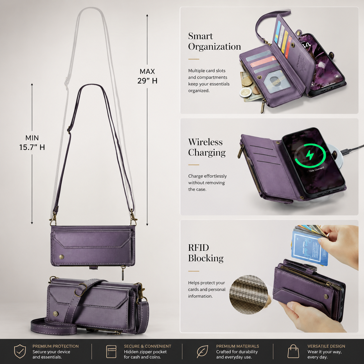Premium Luxury iPhone Case Crossbody RFID Blocking PU Leather Wallet Cover 10 Card Holder Wristlet Shoulder Strap Shockproof Protective Design Style