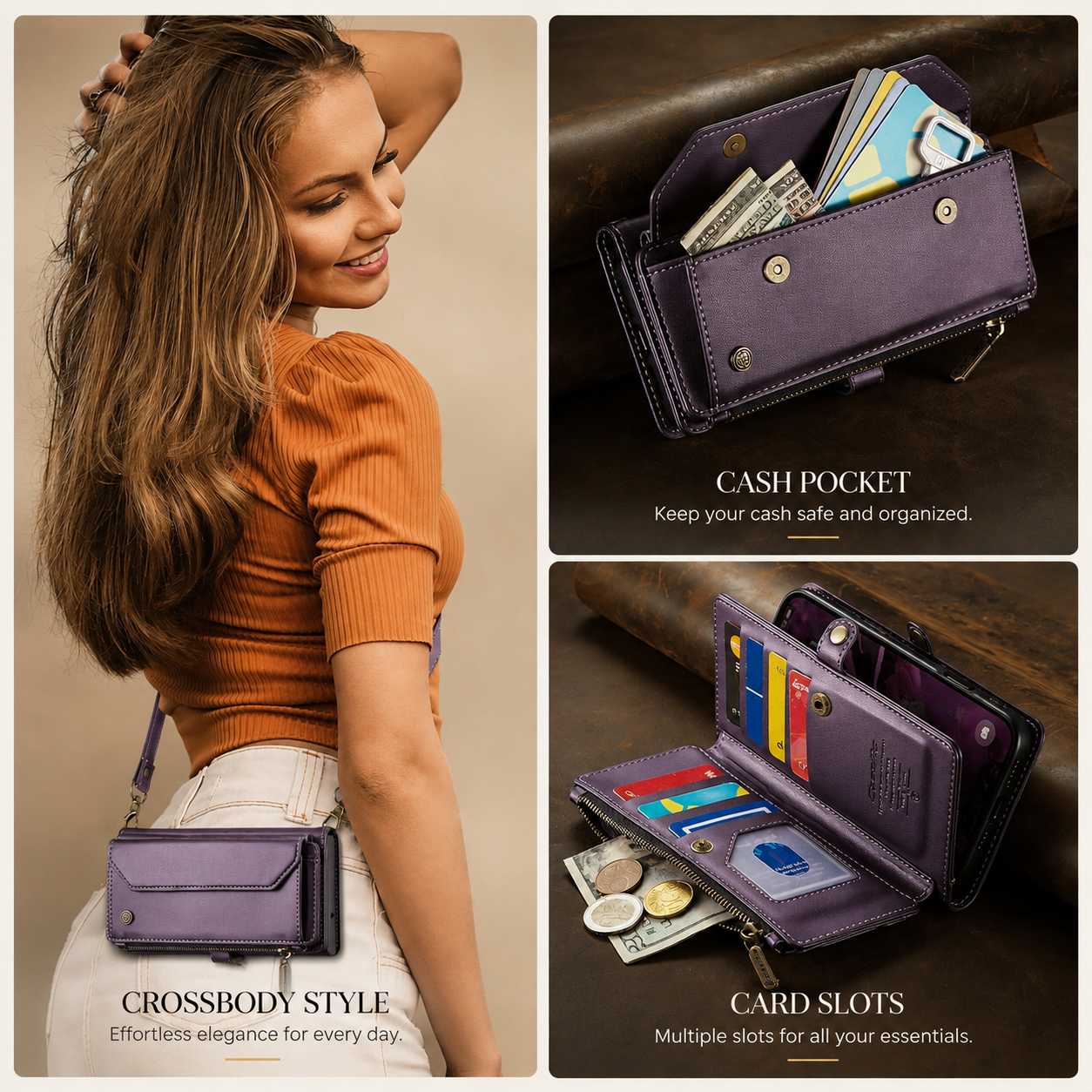 Premium Luxury iPhone Case Crossbody RFID Blocking PU Leather Wallet Cover 10 Card Holder Wristlet Shoulder Strap Shockproof Protective Design Style