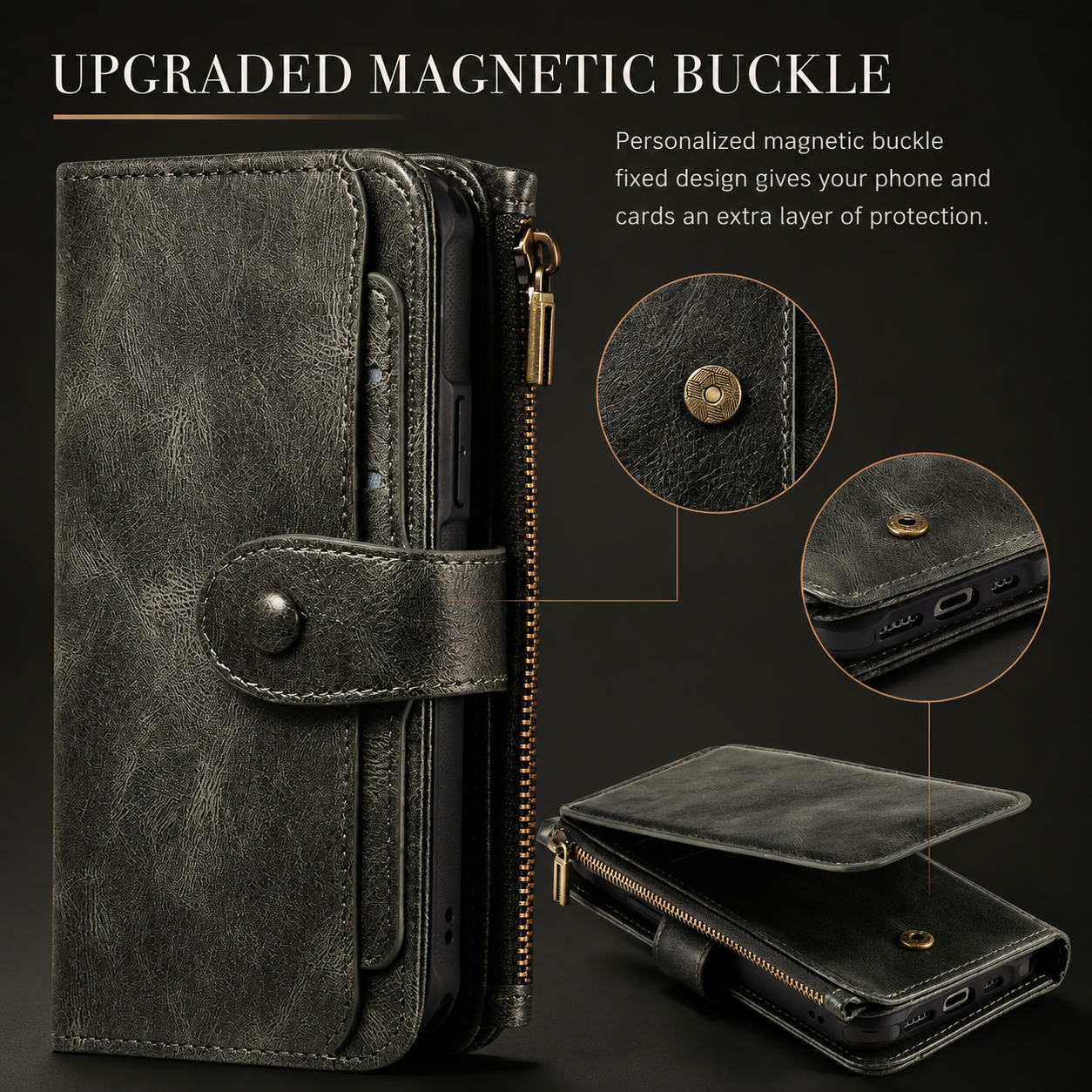 Premium Luxury iPhone Case Detachable Retro PU Leather Wallet Cover Card Holder Zipper Shockproof Anti Fingerprint Dustproof Protective Design