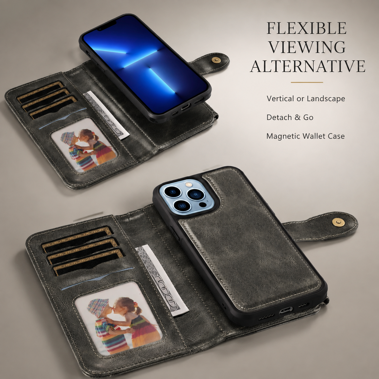 Premium Luxury iPhone Case Detachable Retro PU Leather Wallet Cover Card Holder Zipper Shockproof Anti Fingerprint Dustproof Protective Design