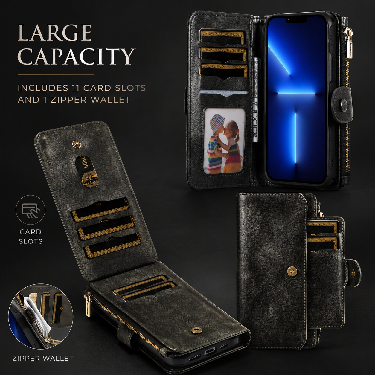 Premium Luxury iPhone Case Detachable Retro PU Leather Wallet Cover Card Holder Zipper Shockproof Anti Fingerprint Dustproof Protective Design