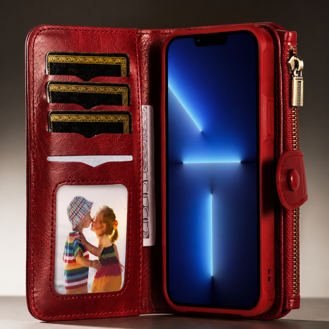 Premium Luxury iPhone Case Detachable Retro PU Leather Wallet Cover Card Holder Zipper Shockproof Anti Fingerprint Dustproof Protective Design