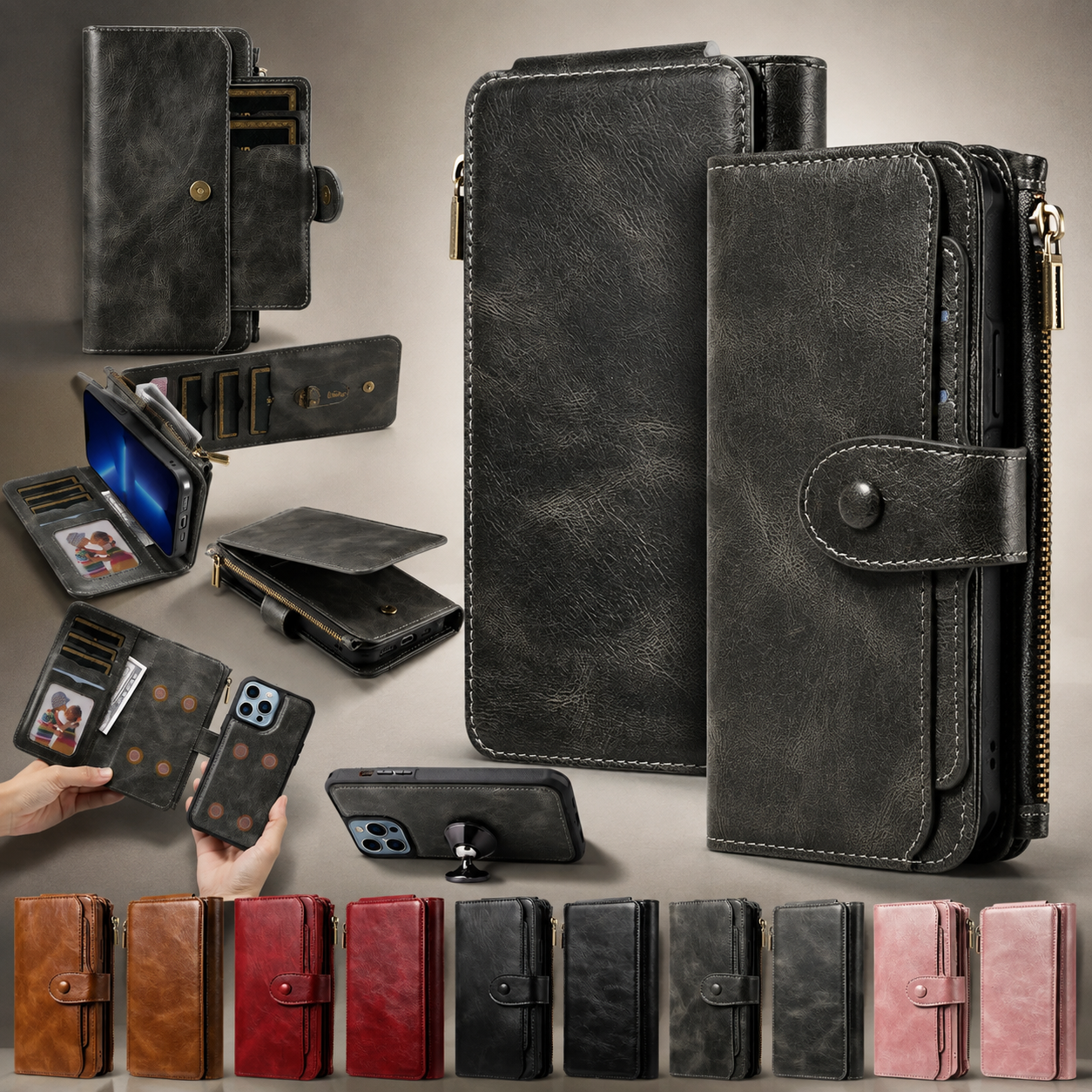 Premium Luxury iPhone Case Detachable Retro PU Leather Wallet Cover Card Holder Zipper Shockproof Anti Fingerprint Dustproof Protective Design