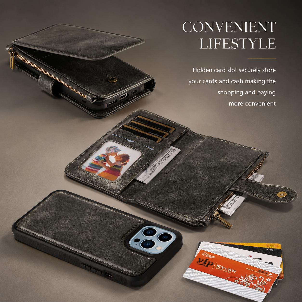 Premium Luxury iPhone Case Detachable Retro PU Leather Wallet Cover Card Holder Zipper Shockproof Anti Fingerprint Dustproof Protective Design