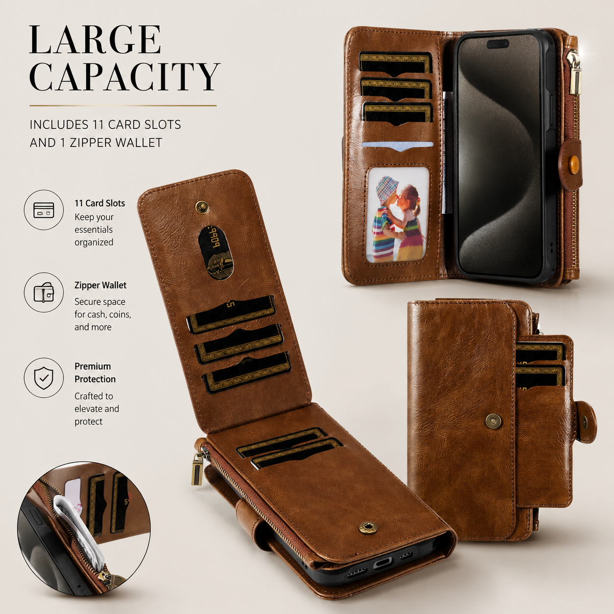 Premium Luxury iPhone Case Detachable Retro PU Leather Wallet Cover Card Holder Zipper Shockproof Anti Fingerprint Dustproof Protective Design