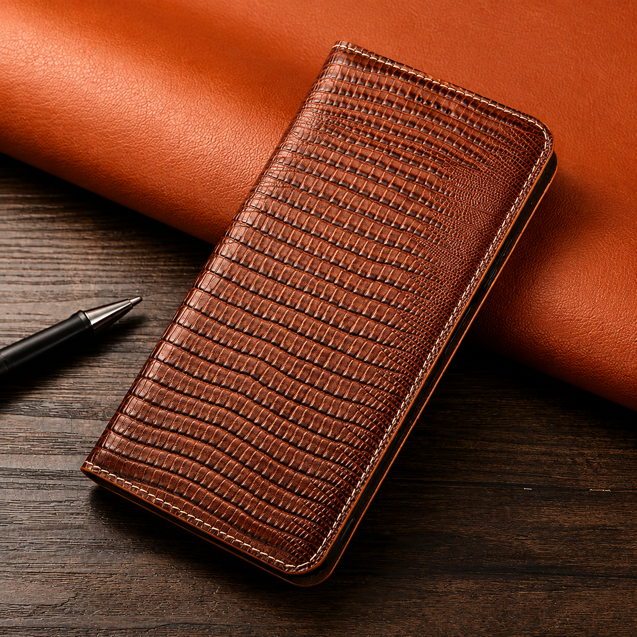 Premium Luxury iPhone Case Genuine Cowhide Leather Flip Cover Crocodile Grain Wallet Card Holder Magnetic Closure Shockproof Full Body Protection Slim Design Finish