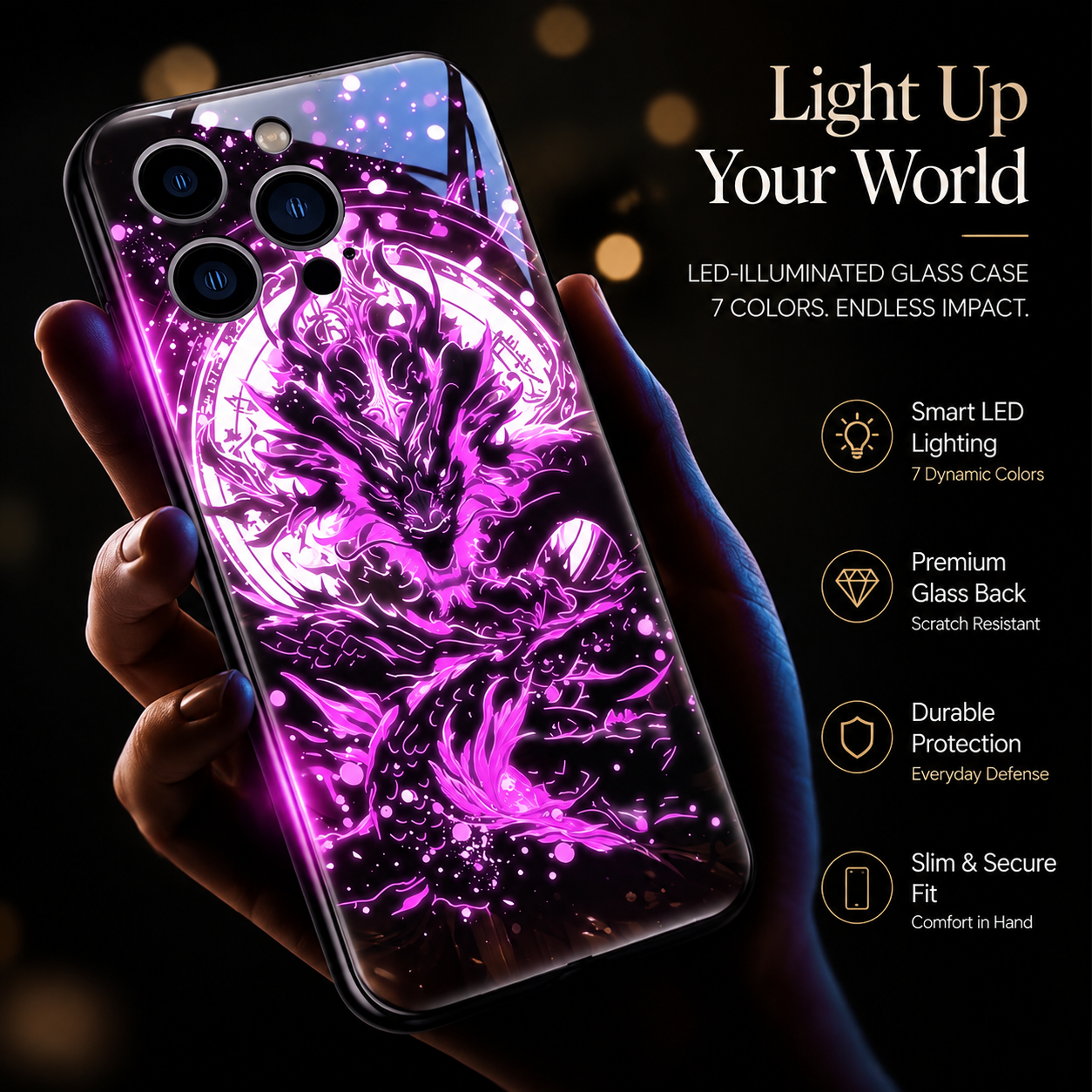 Premium Luxury iPhone Case LED Luminous Cover Golden Dragon Design Sound Reactive Tempered Glass Back Shockproof TPU Frame Ultra Thin Protection