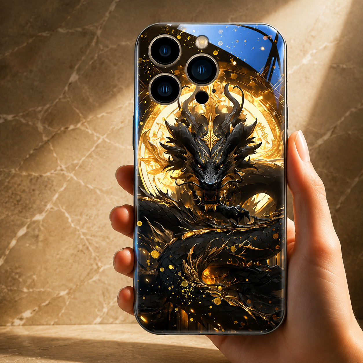 Premium Luxury iPhone Case LED Luminous Cover Golden Dragon Design Sound Reactive Tempered Glass Back Shockproof TPU Frame Ultra Thin Protection