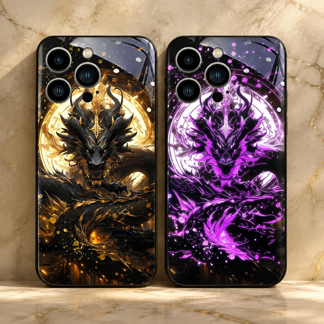 Premium Luxury iPhone Case LED Luminous Cover Golden Dragon Design Sound Reactive Tempered Glass Back Shockproof TPU Frame Ultra Thin Protection