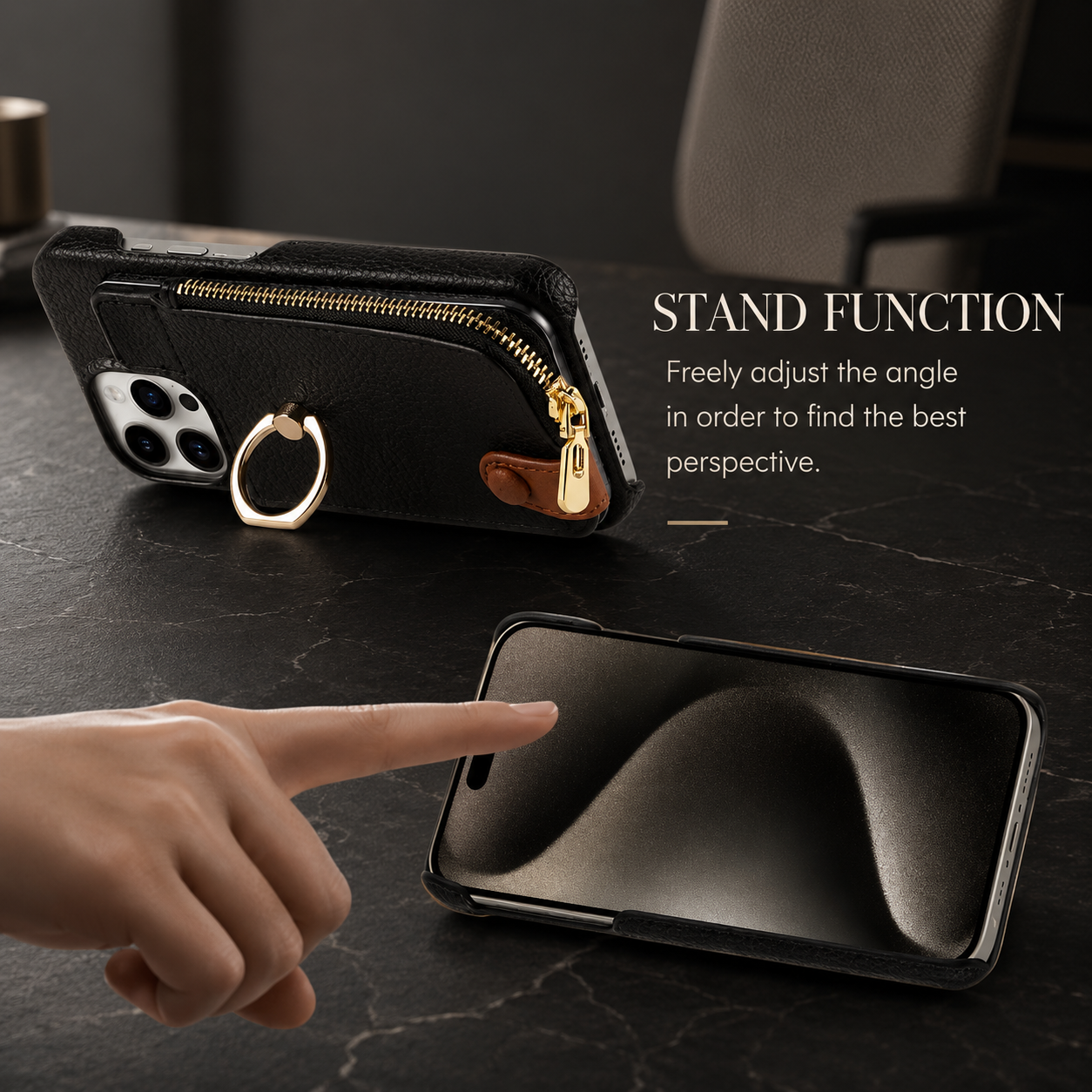Premium Luxury iPhone Case Leather Zipper Wallet Cover Card Holder Ring Kickstand Magnetic Closure Shockproof Full Body Protection Slim Design Finish