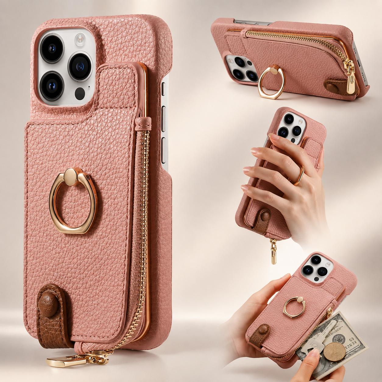 Premium Luxury iPhone Case Leather Zipper Wallet Cover Card Holder Ring Kickstand Magnetic Closure Shockproof Full Body Protection Slim Design Finish