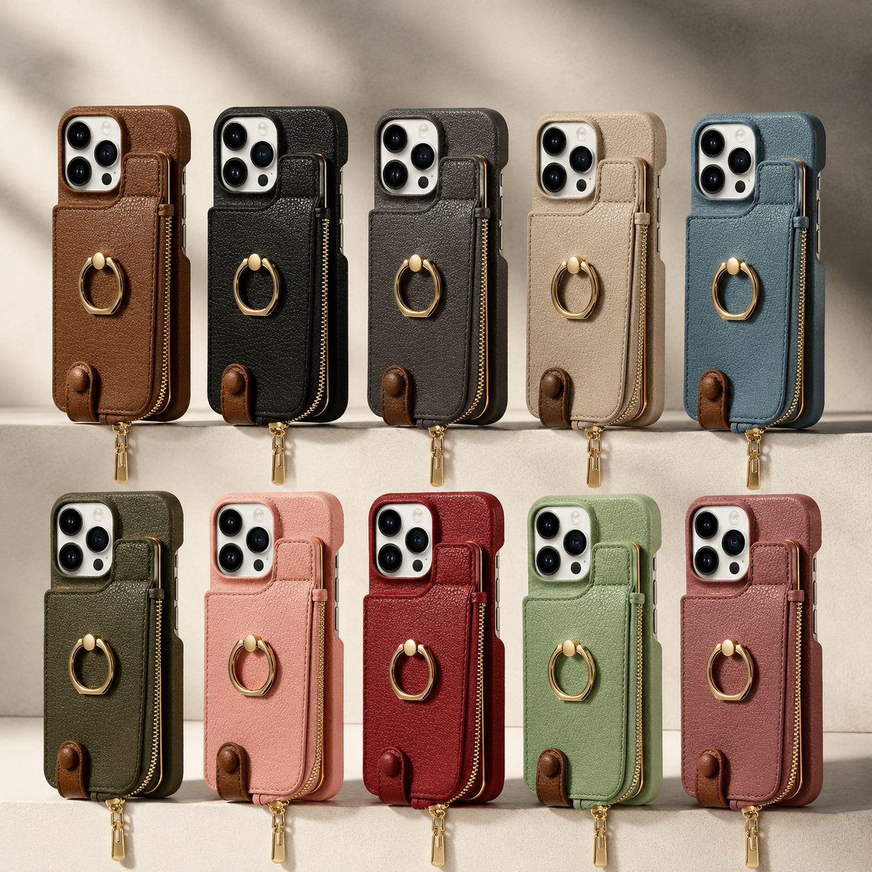Premium Luxury iPhone Case Leather Zipper Wallet Cover Card Holder Ring Kickstand Magnetic Closure Shockproof Full Body Protection Slim Design Finish