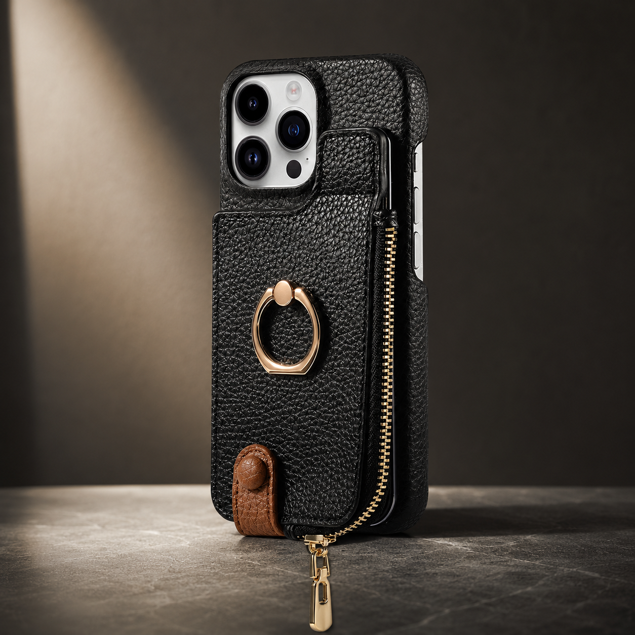 Premium Luxury iPhone Case Leather Zipper Wallet Cover Card Holder Ring Kickstand Magnetic Closure Shockproof Full Body Protection Slim Design Finish