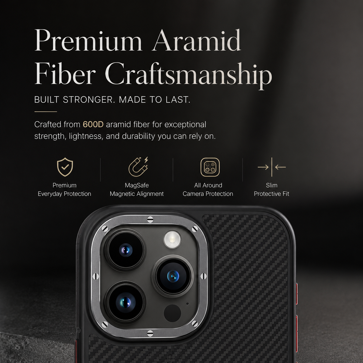 Premium Luxury iPhone Case MagSafe Compatible 600D Kevlar Carbon Fiber Cover Metal Camera Ring Dual Layer Shockproof Half Wrapped Protective Durable Design Finish