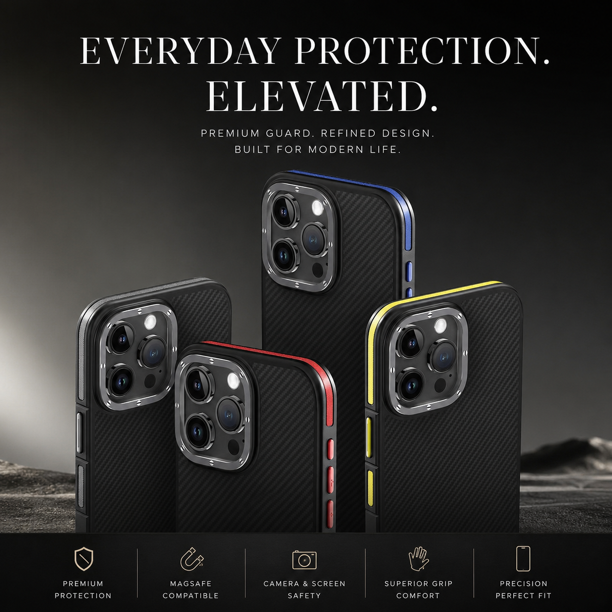 Premium Luxury iPhone Case MagSafe Compatible 600D Kevlar Carbon Fiber Cover Metal Camera Ring Dual Layer Shockproof Half Wrapped Protective Durable Design Finish