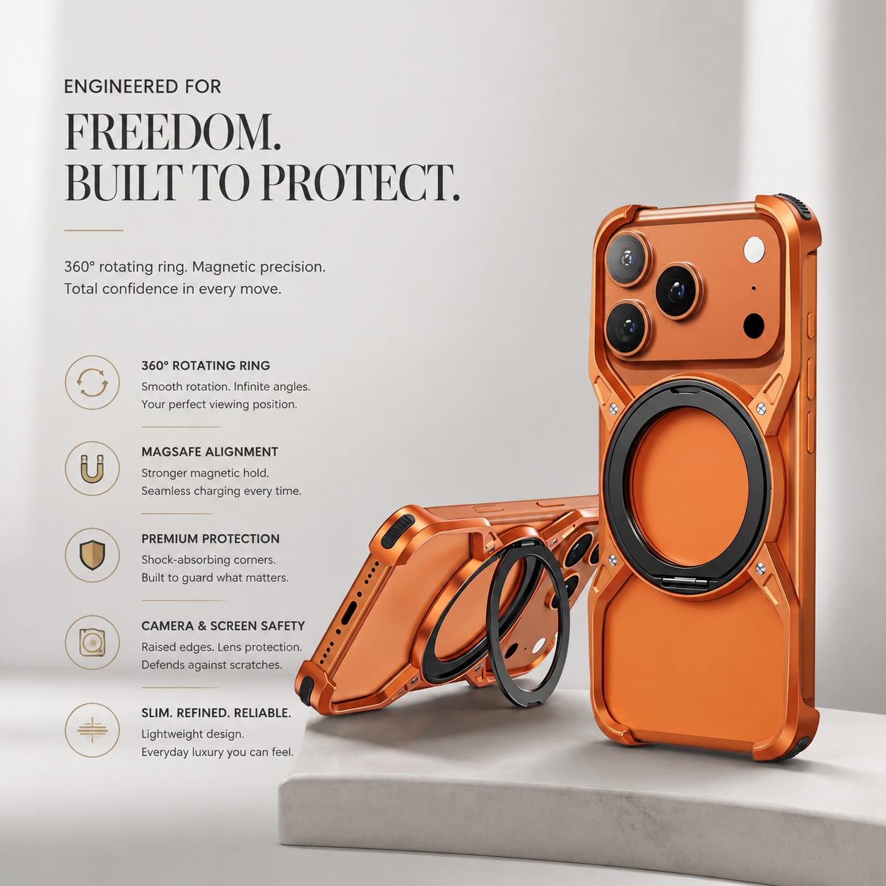 Premium Luxury iPhone Case MagSafe Compatible Aluminum Bumper Frame Cover 360° Rotating Ring Stand Shockproof Camera Protection Slim Design Finish