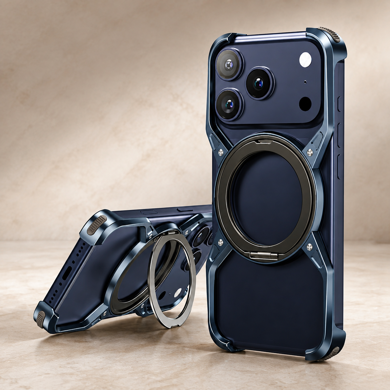 Premium Luxury iPhone Case MagSafe Compatible Aluminum Bumper Frame Cover 360° Rotating Ring Stand Shockproof Camera Protection Slim Design Finish