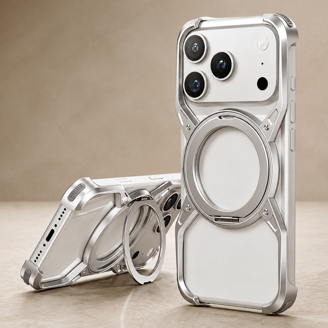 Premium Luxury iPhone Case MagSafe Compatible Aluminum Bumper Frame Cover 360° Rotating Ring Stand Shockproof Camera Protection Slim Design Finish