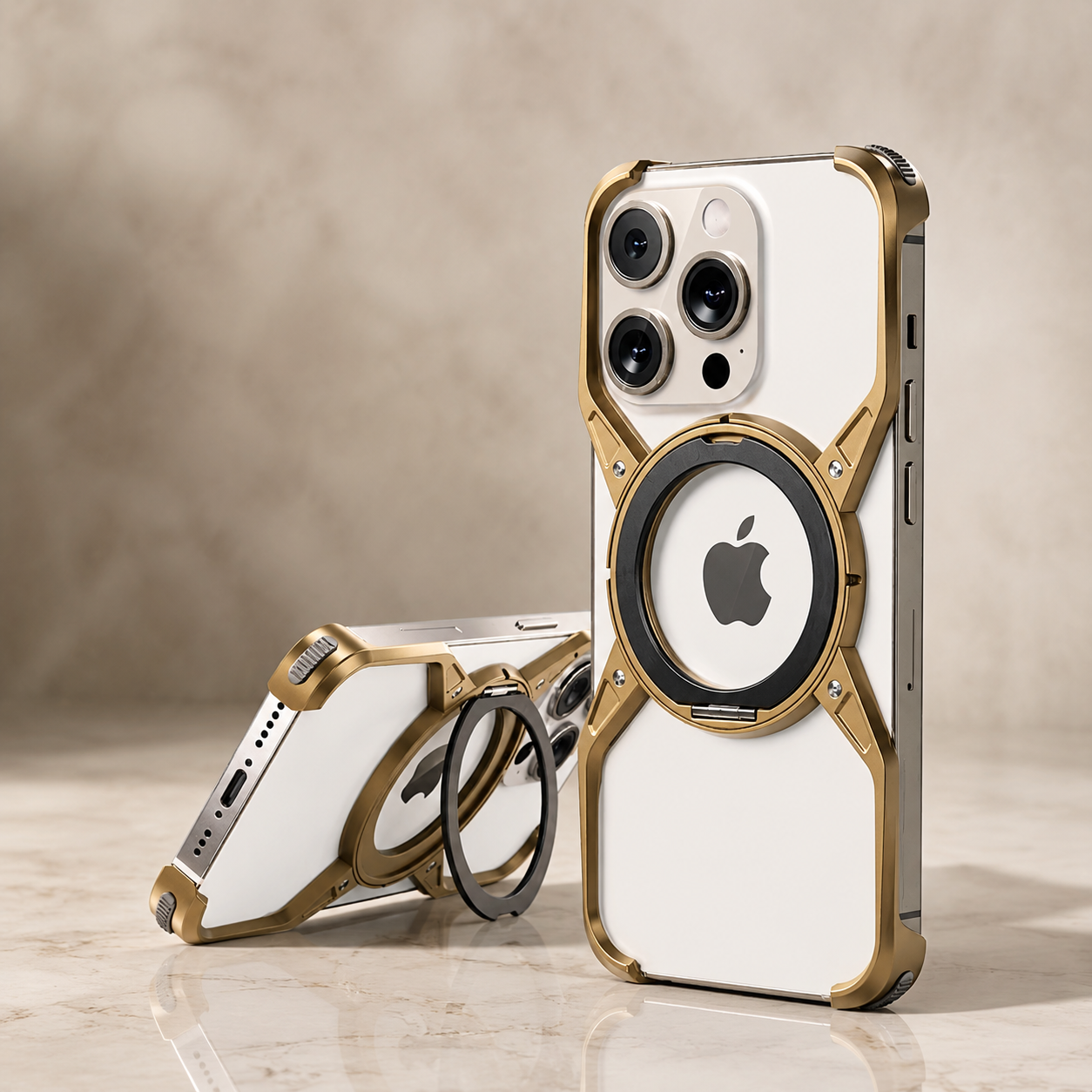Premium Luxury iPhone Case MagSafe Compatible Aluminum Bumper Frame Cover 360° Rotating Ring Stand Shockproof Camera Protection Slim Design Finish