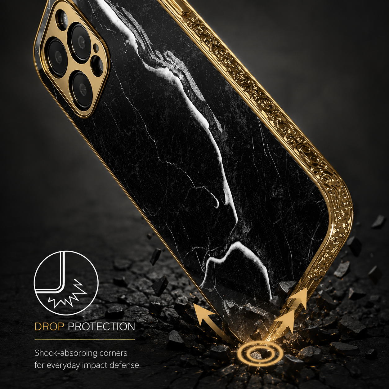 Premium Luxury iPhone Case MagSafe Compatible Black Marble Texture Cover Gold Edge Design Shockproof Camera Protection 3D Grip Slim Profile Finish