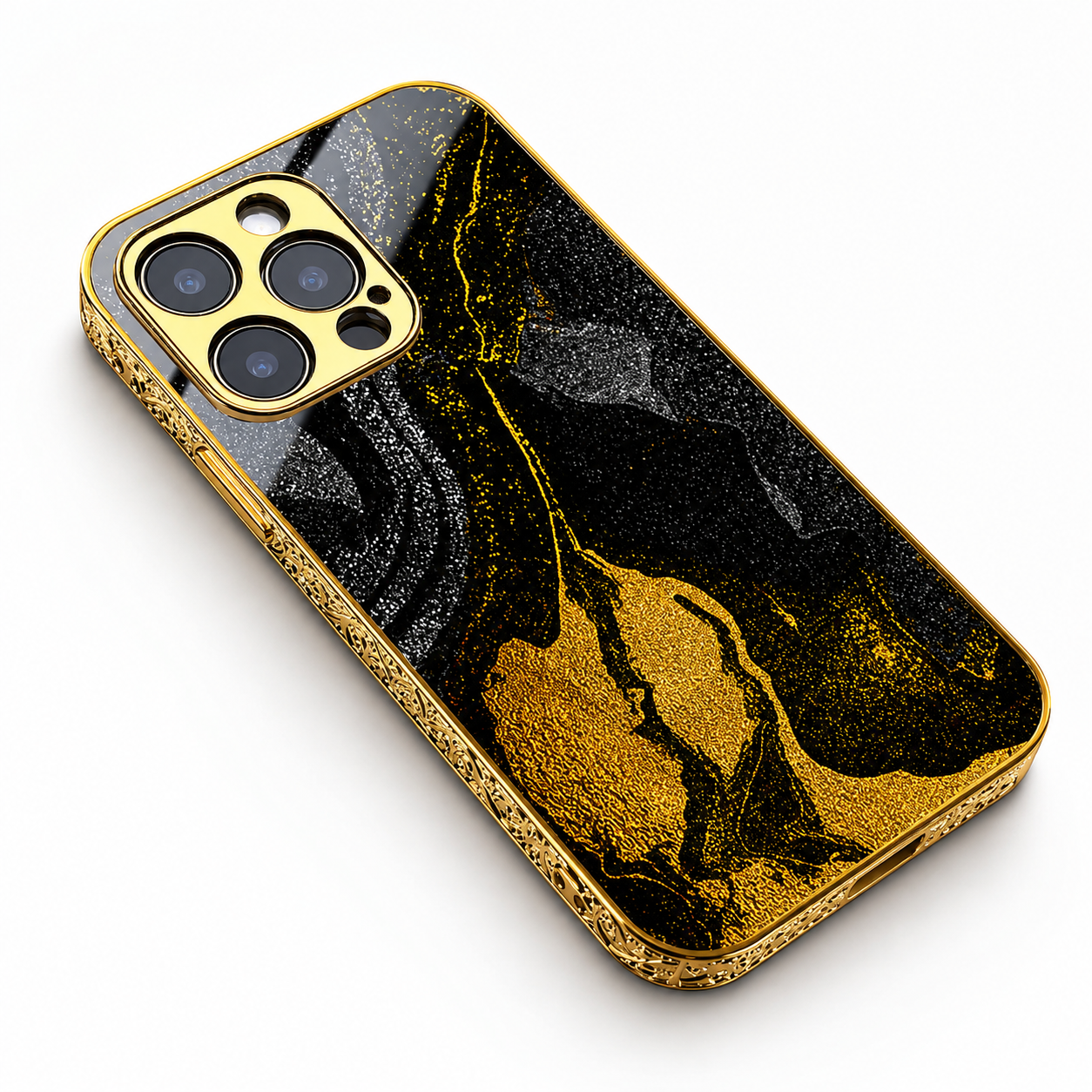 Premium Luxury iPhone Case MagSafe Compatible Black Marble Texture Cover Gold Edge Design Shockproof Camera Protection 3D Grip Slim Profile Finish