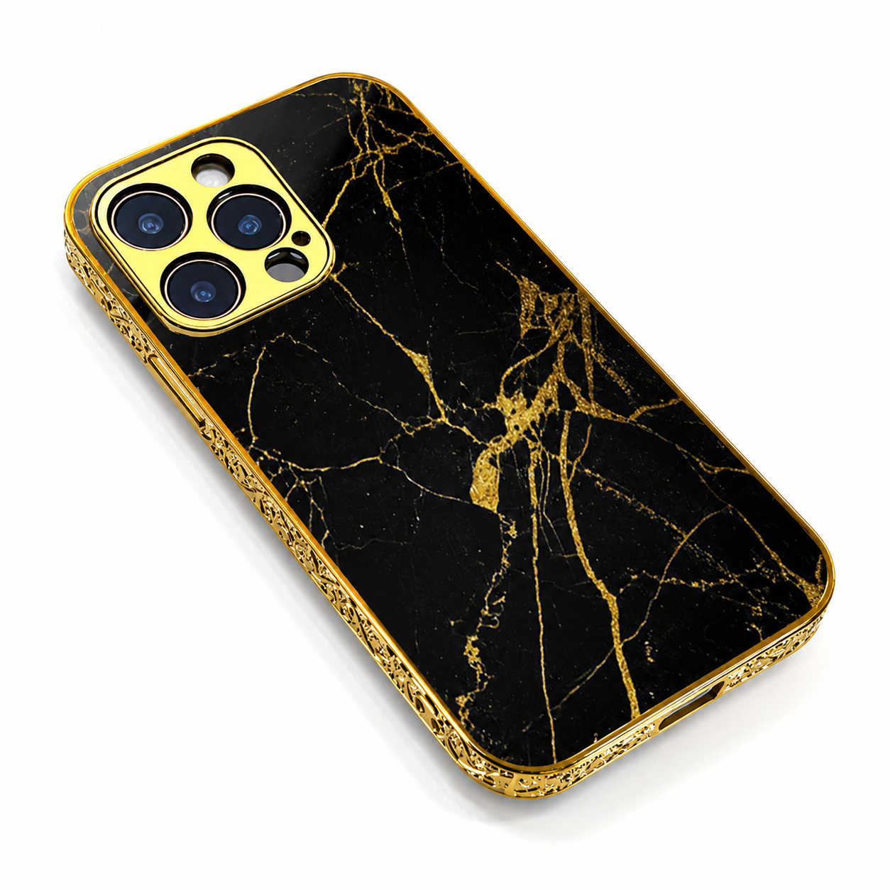 Premium Luxury iPhone Case MagSafe Compatible Black Marble Texture Cover Gold Edge Design Shockproof Camera Protection 3D Grip Slim Profile Finish