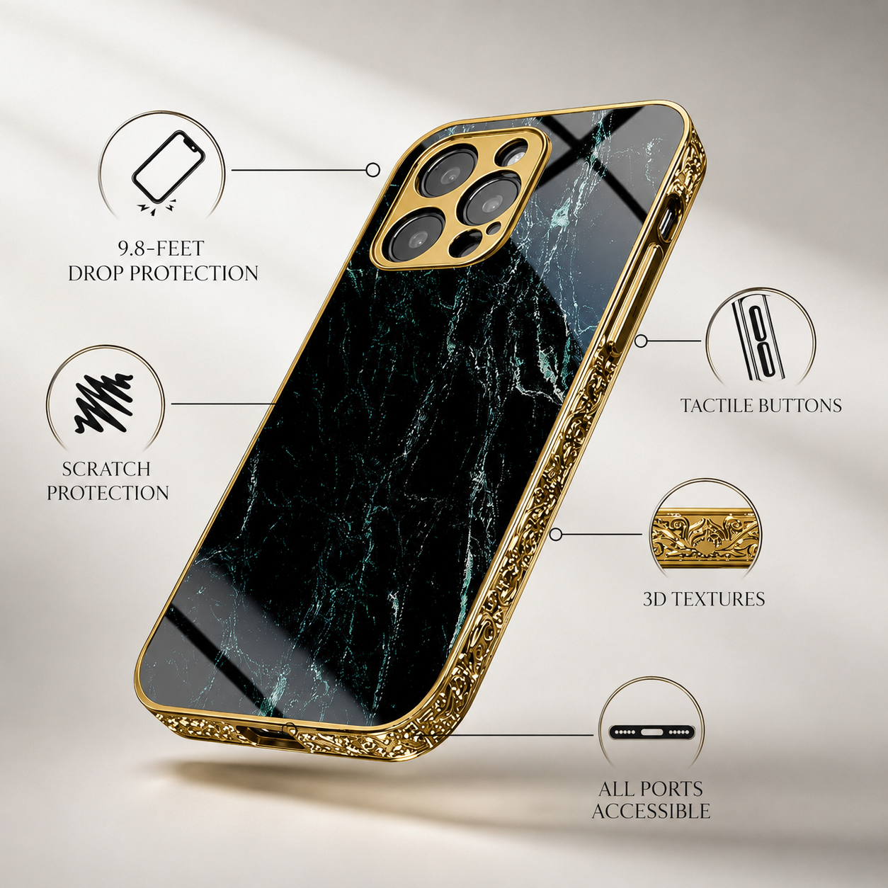 Premium Luxury iPhone Case MagSafe Compatible Black Marble Texture Cover Gold Edge Design Shockproof Camera Protection 3D Grip Slim Profile Finish