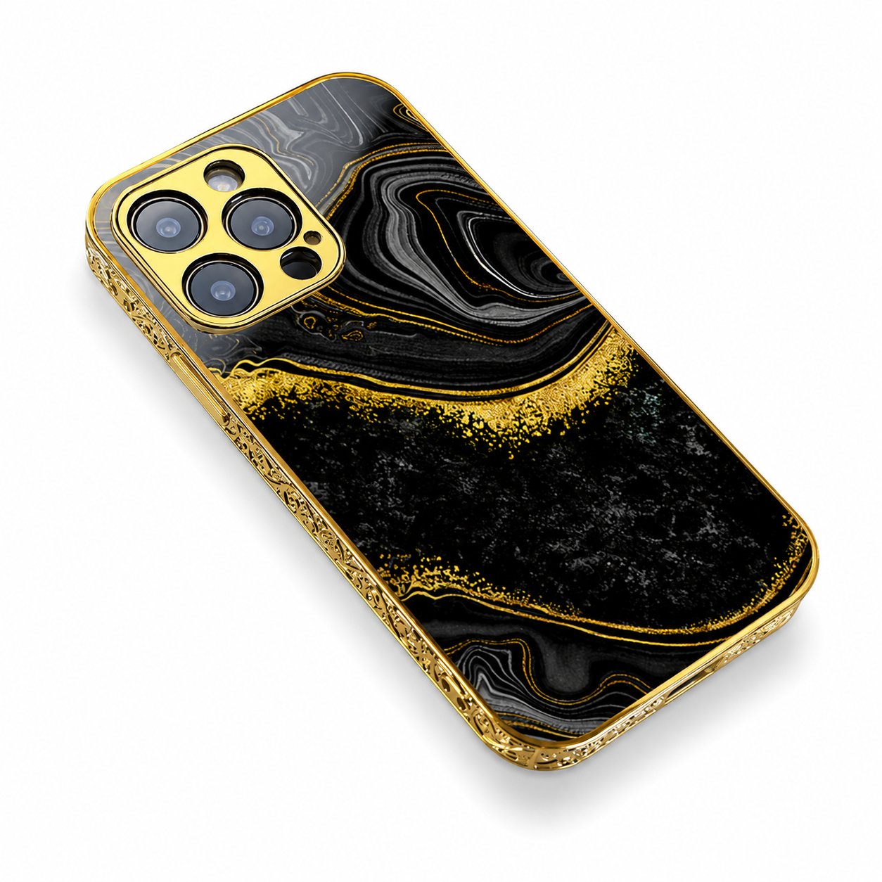 Premium Luxury iPhone Case MagSafe Compatible Black Marble Texture Cover Gold Edge Design Shockproof Camera Protection 3D Grip Slim Profile Finish