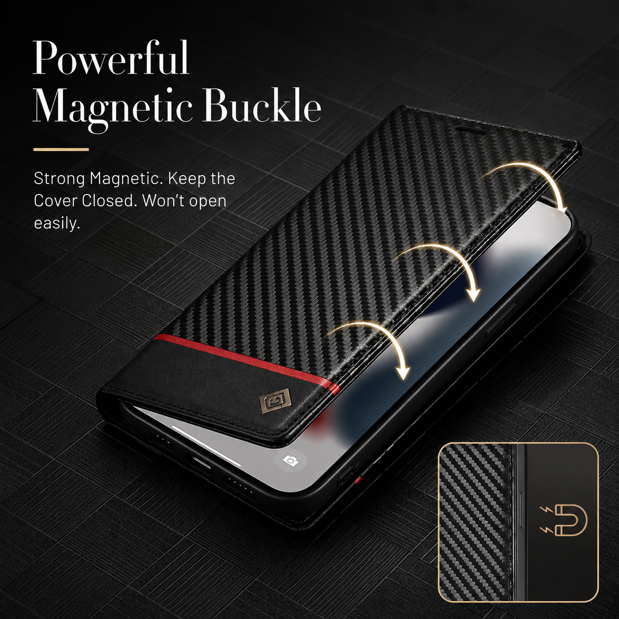 Premium Luxury iPhone Case MagSafe Compatible Carbon Fiber Leather Flip Wallet Cover Card Holder Kickstand Shockproof Camera Protection Slim Design Finish