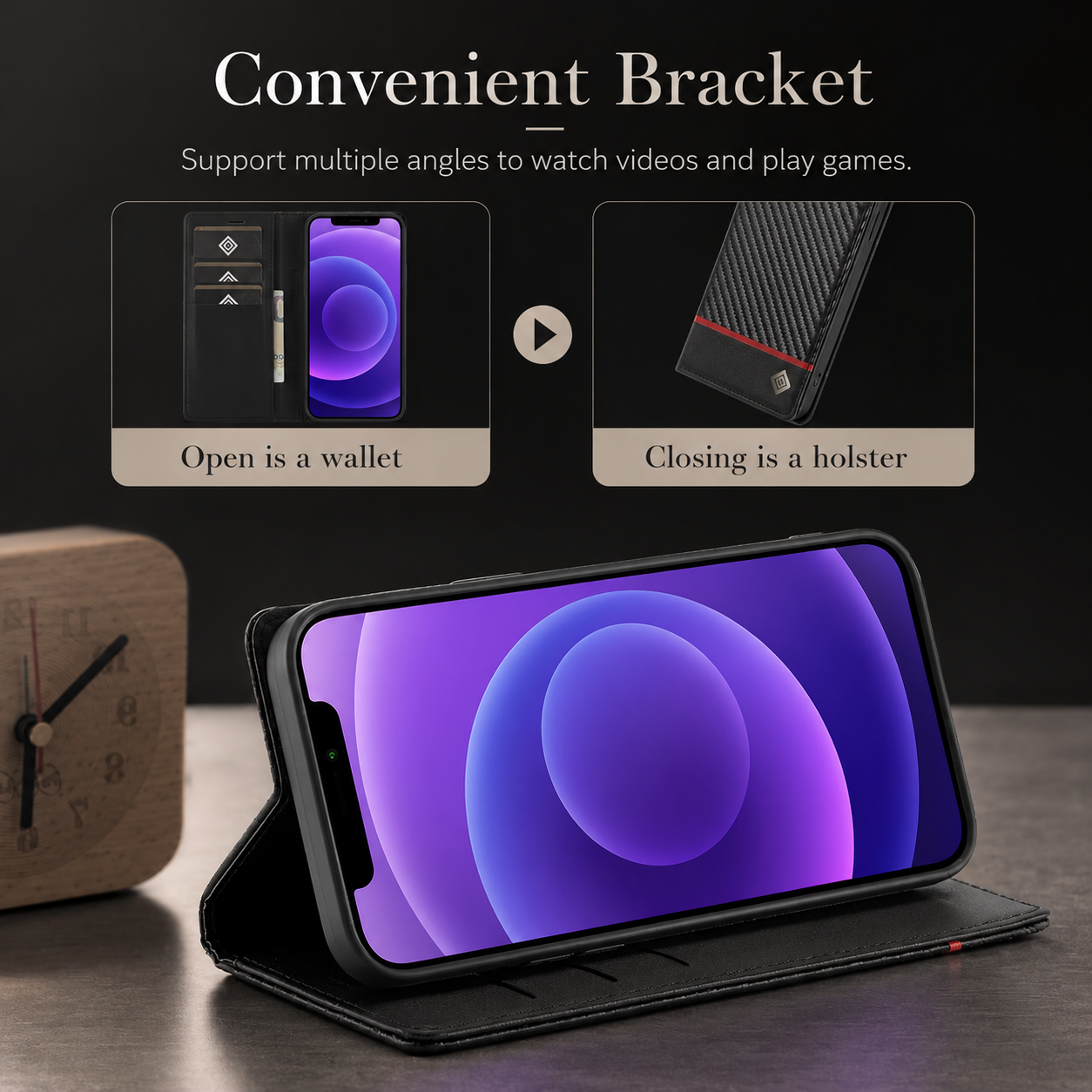 Premium Luxury iPhone Case MagSafe Compatible Carbon Fiber Leather Flip Wallet Cover Card Holder Kickstand Shockproof Camera Protection Slim Design Finish